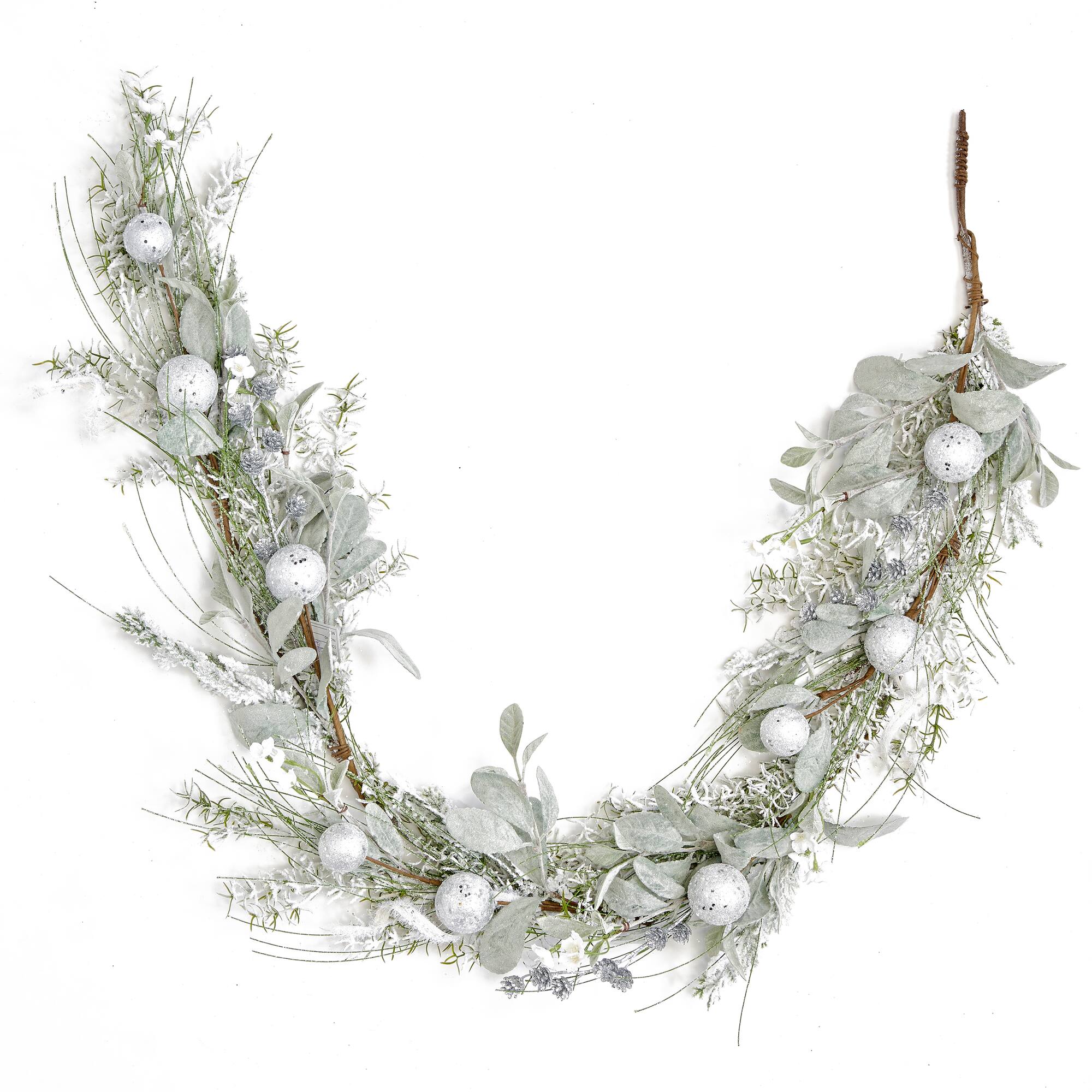 60" White Glittered Balls & Leaves Artificial Christmas Garland